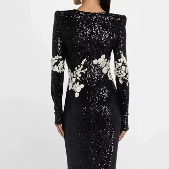 Retail $398 Rose and Lily Black Sequin Dress with Floral Accents - Picture 5 of 11